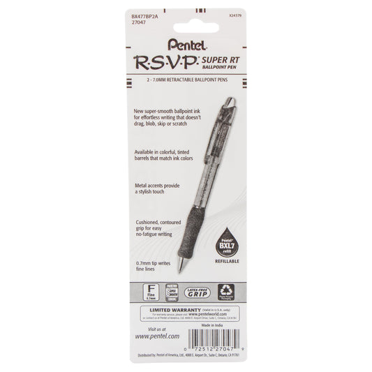 RSVP Super RT Ballpoint Pen, (0.7mm) Fine Line, Black Ink, 2-Pk (BX477BP2A)