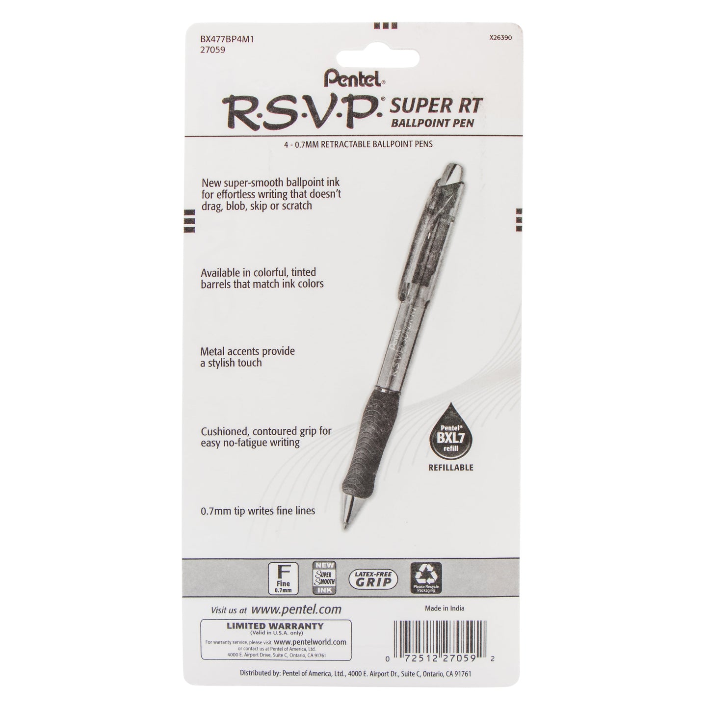 RSVP Super RT Ballpoint Pen, (0.7mm) Fine Line, Assorted Ink, (DPSV), 4-Pk (BX477BP4M1)