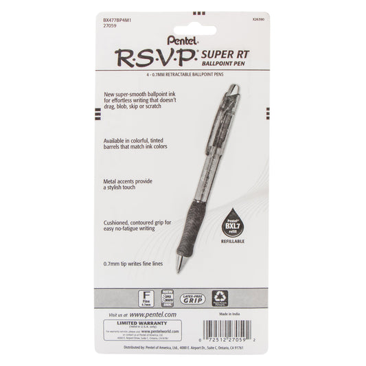 RSVP Super RT Ballpoint Pen, (0.7mm) Fine Line, Assorted Ink, (DPSV), 4-Pk (BX477BP4M1)