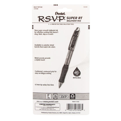 RSVP Super RT Ballpoint Pen, (0.7mm) Fine Line, Assorted Ink (ABCD), 4-Pk (BX477BP4M)