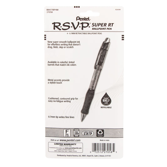 RSVP Super RT Ballpoint Pen, (0.7mm) Fine Line, Assorted Ink (ABCD), 4-Pk (BX477BP4M)