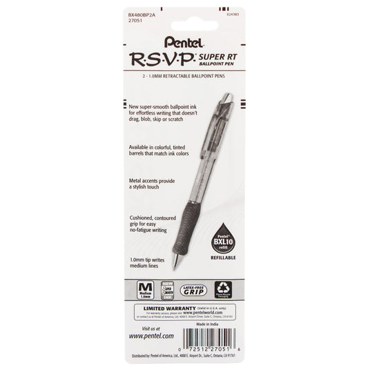 RSVP Super RT Ballpoint Pen, (1.0mm) Medium Line, Black Ink, 2-Pk (BX480BP2A)
