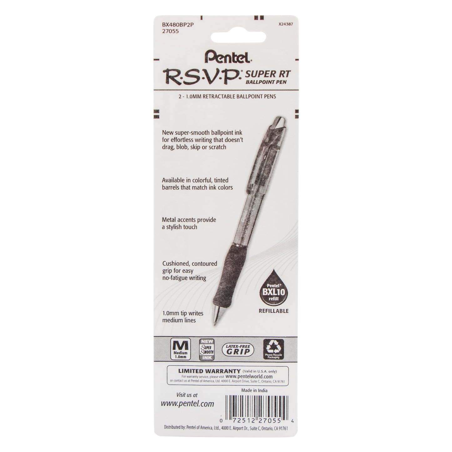 RSVP Super RT Ballpoint Pen, (1.0mm) Medium Line, Pink Ink, 2-Pk (BX480BP2P)