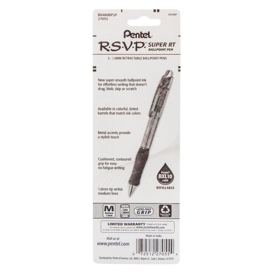 RSVP Super RT Ballpoint Pen, (1.0mm) Medium Line, Pink Ink, 2-Pk (BX480BP2P)