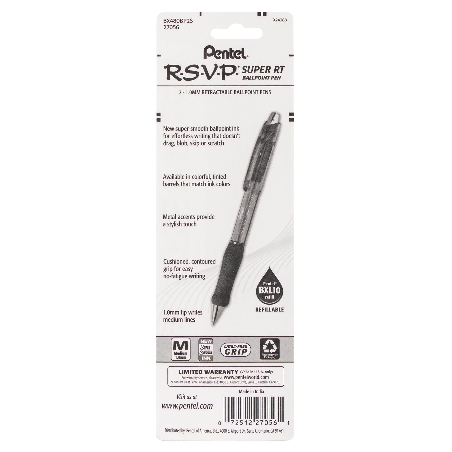RSVP Super RT Ballpoint Pen, (1.0mm) Medium Line, Sky Blue Ink, 2-Pk (BX480BP2S)