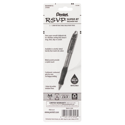 RSVP Super RT Ballpoint Pen, (1.0mm) Medium Line, Sky Blue Ink, 2-Pk (BX480BP2S)