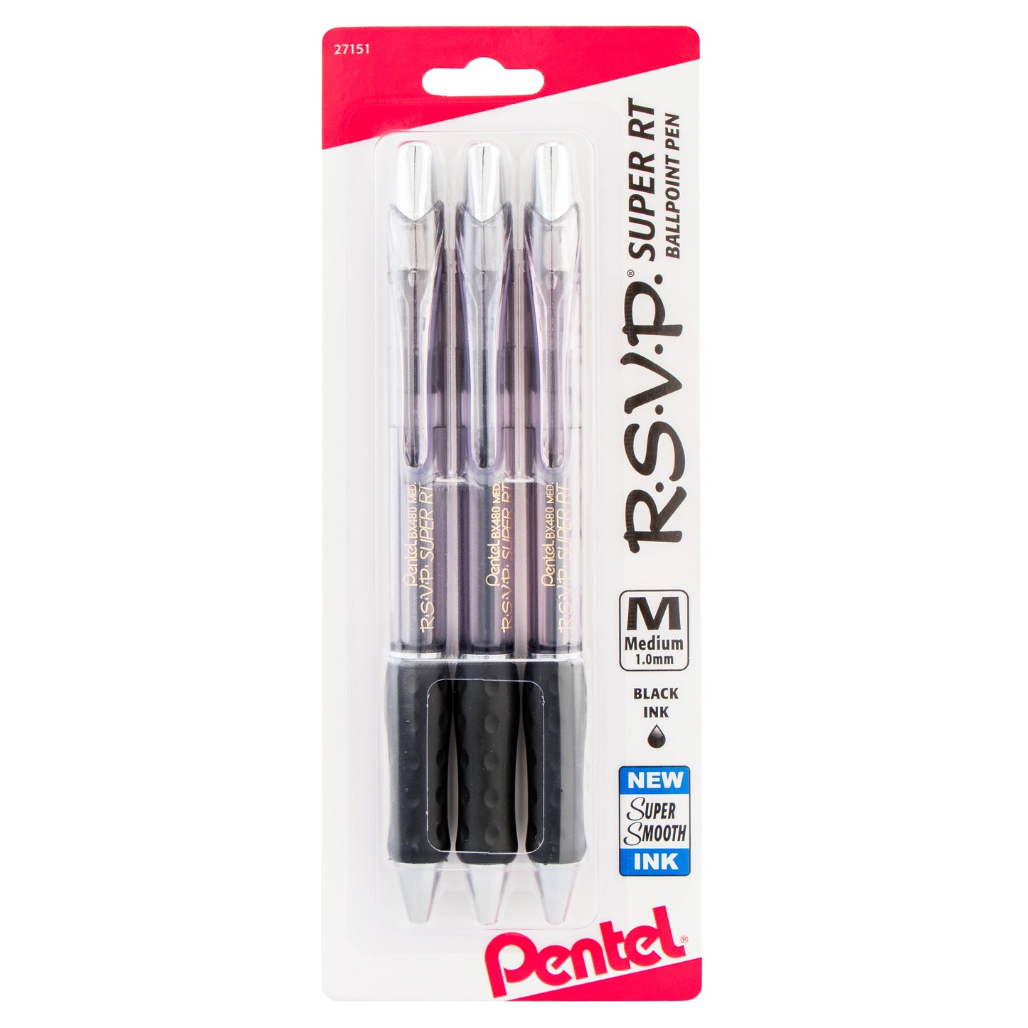 RSVP Super RT Ballpoint Pen, (1.0mm) Medium Line, Black Ink, 3-Pk (BX480BP3A)