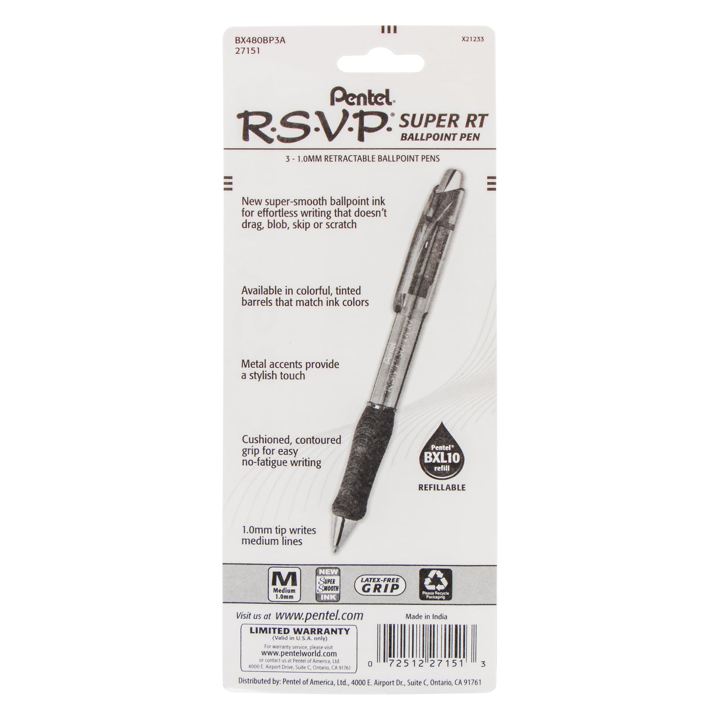 RSVP Super RT Ballpoint Pen, (1.0mm) Medium Line, Black Ink, 3-Pk (BX480BP3A)