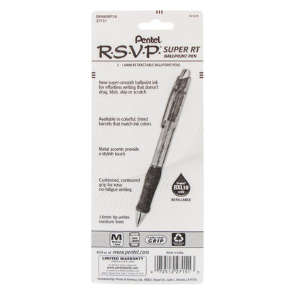 RSVP Super RT Ballpoint Pen, (1.0mm) Medium Line, Black Ink, 3-Pk (BX480BP3A)