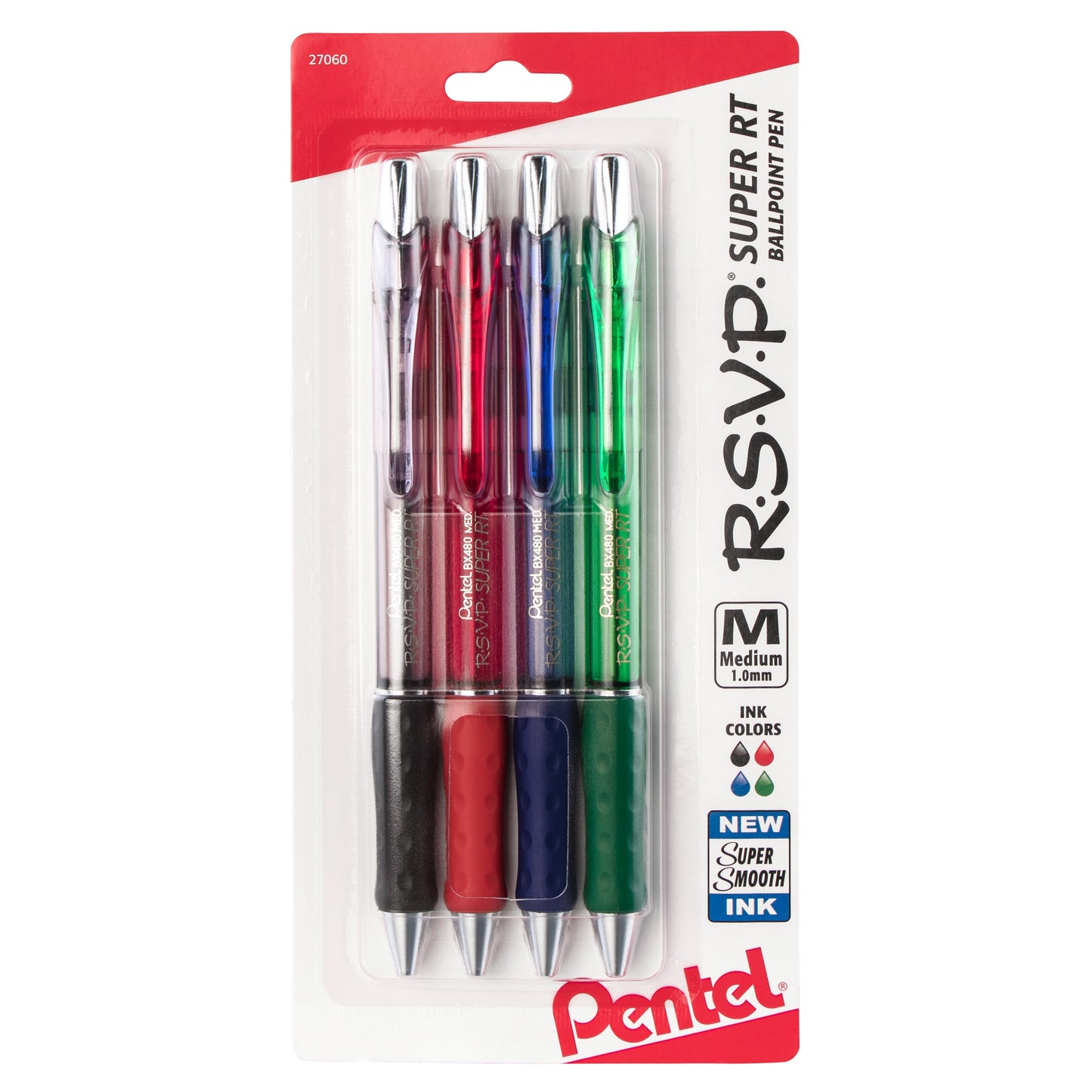 RSVP Super RT Ballpoint Pen, (1.0mm) Medium Line, Assorted Ink (ABCD), 4-Pk (BX480BP4M)