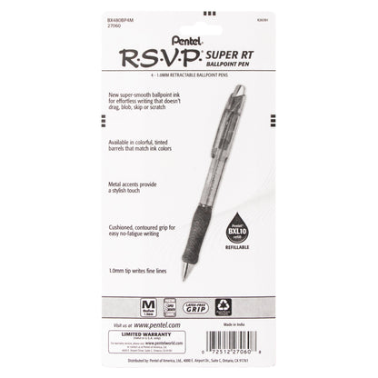 RSVP Super RT Ballpoint Pen, (1.0mm) Medium Line, Assorted Ink (ABCD), 4-Pk (BX480BP4M)