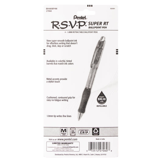 RSVP Super RT Ballpoint Pen, (1.0mm) Medium Line, Assorted Ink (ABCD), 4-Pk (BX480BP4M)
