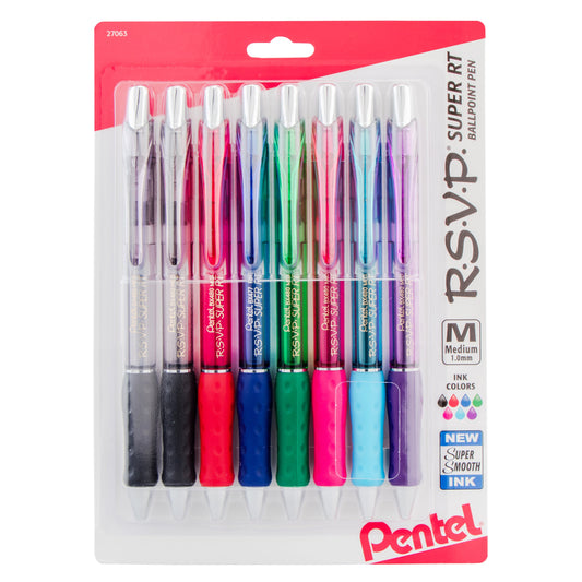 RSVP Super RT Ballpoint Pen, (1.0mm) Medium Line, Assorted Ink (2A/B/C/D/P/S/V), 8-Pk (BX480BP8M)