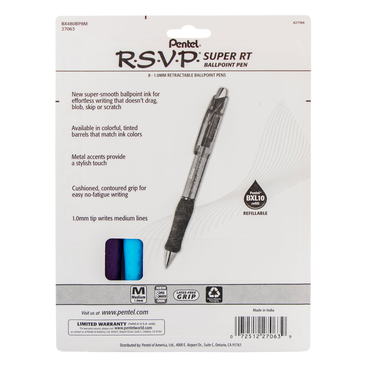 RSVP Super RT Ballpoint Pen, (1.0mm) Medium Line, Assorted Ink (2A/B/C/D/P/S/V), 8-Pk (BX480BP8M)