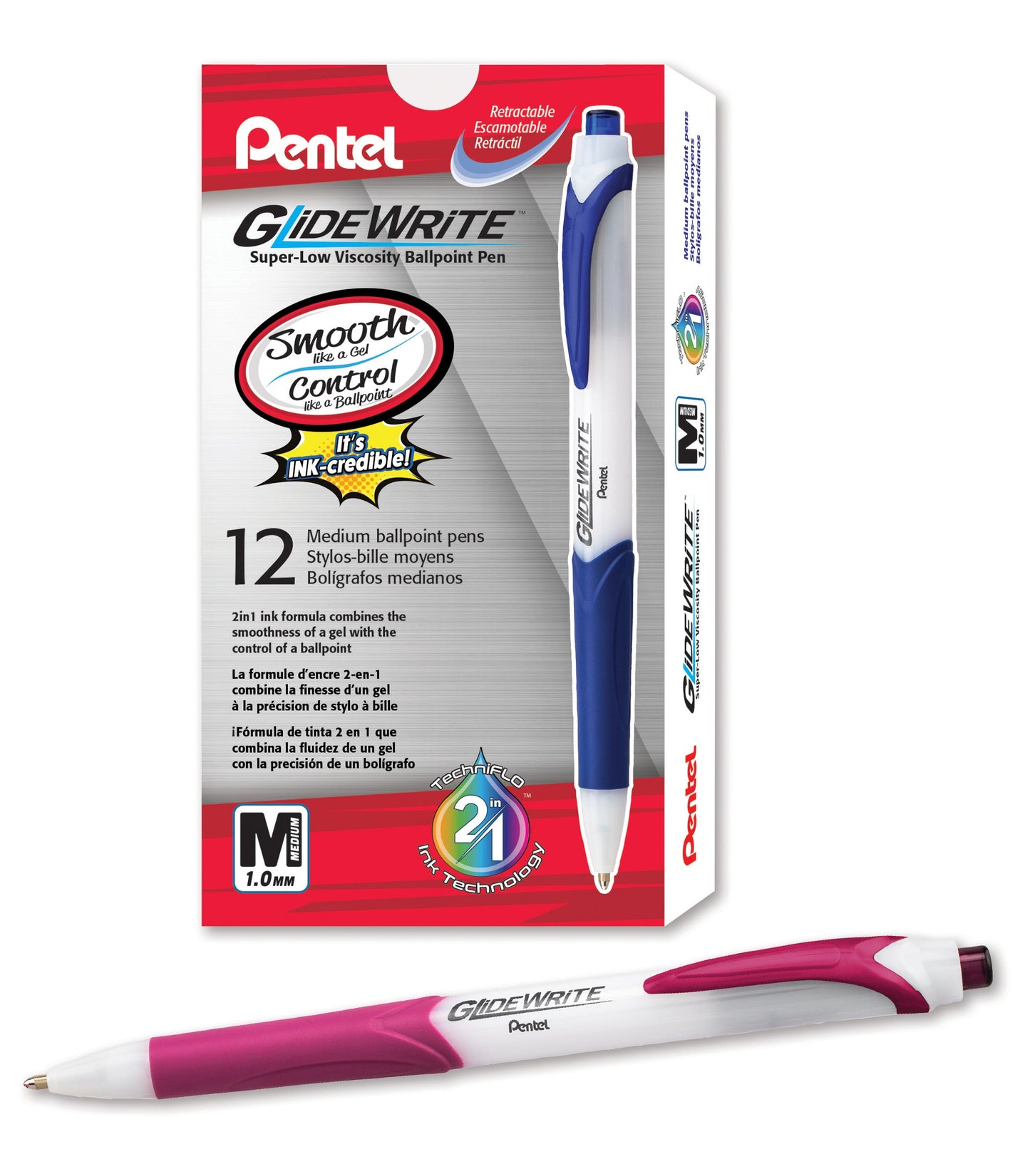 GlideWrite Ballpoint Pen with TechniFlo Ink, (1.0mm) Medium Line, Burgundy Ink (BX910-BG)