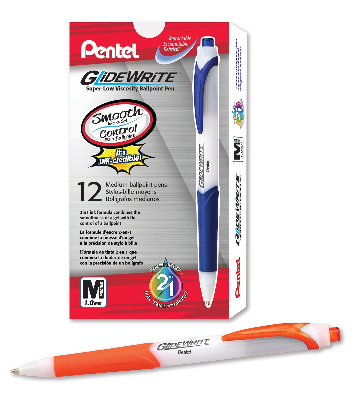 GlideWrite Ballpoint Pen with TechniFlo Ink, (1.0mm) Medium Line, Orange Ink (BX910-F)