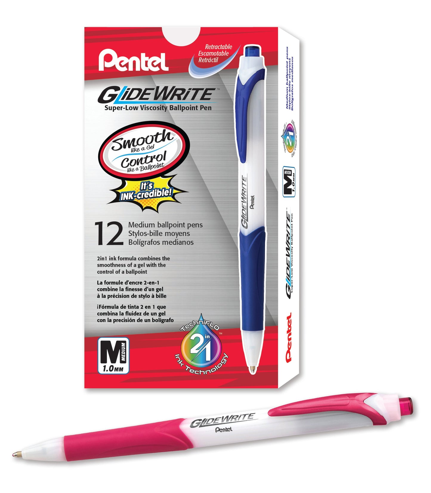 GlideWrite Ballpoint Pen with TechniFlo Ink, (1.0mm) Medium Line, Pink (BX910-P)
