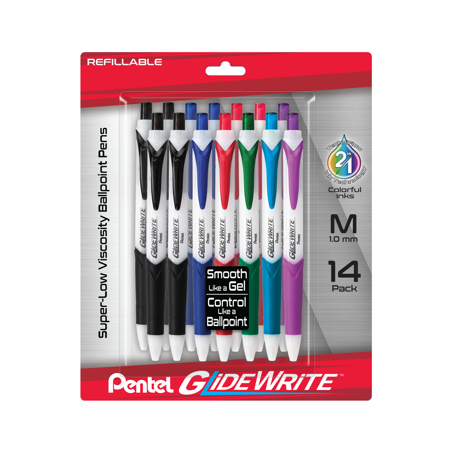 GlideWrite Ballpoint Pen with TechniFlo Ink, (1.0mm) Medium Line, Asst Ink, 14-Pk (BX910BP14M)