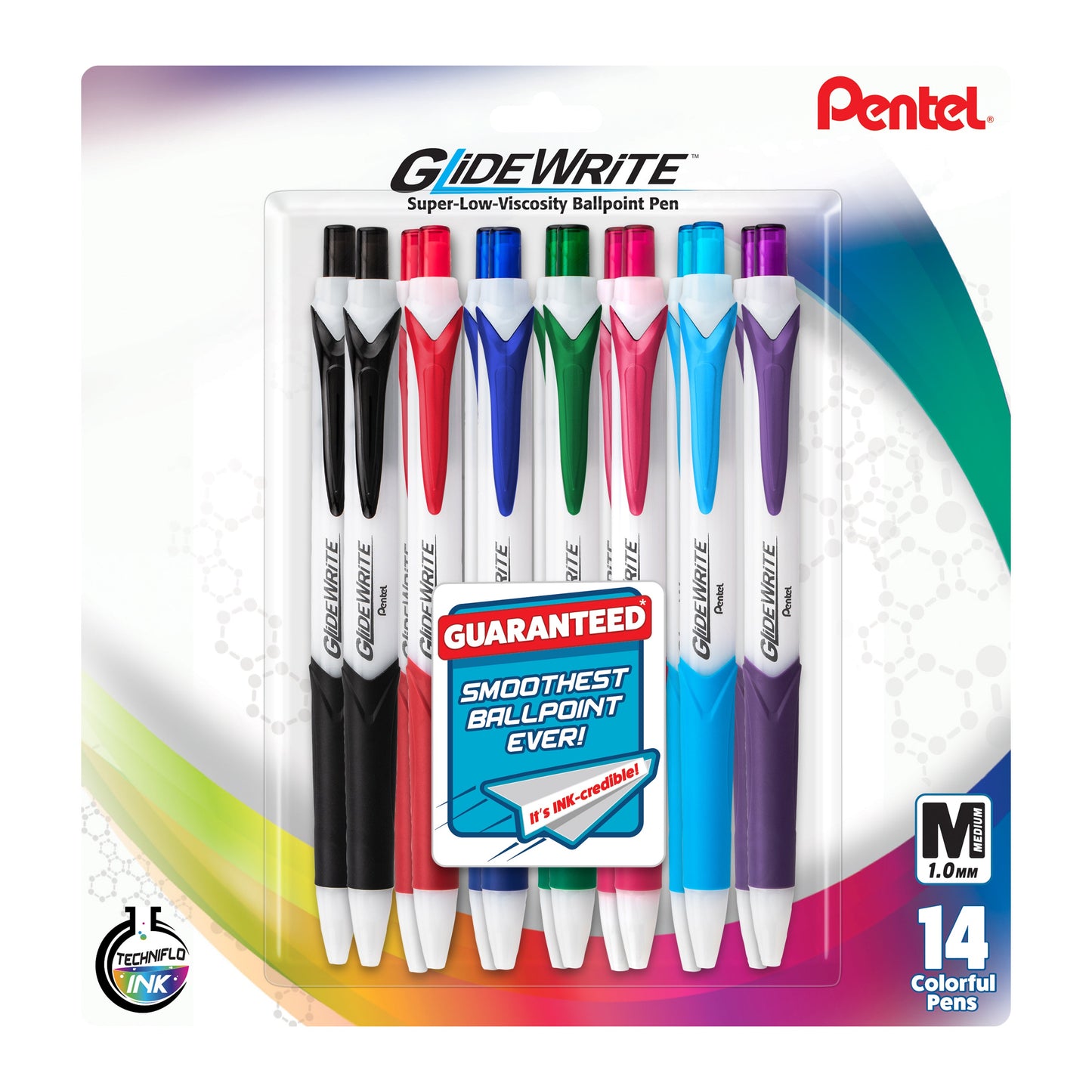 GlideWrite Ballpoint Pen with TechniFlo Ink, (1.0mm) Medium Line, Asst Ink, 14-Pk (BX910BP14M)