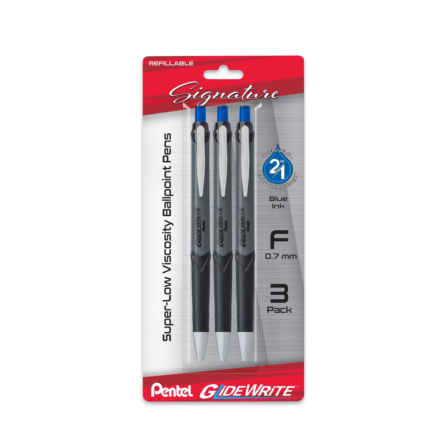 GlideWrite Signature Gun Metal, (0.7mm) Needle Tip, Blue Ink, 3-pk (BX927BP3C)
