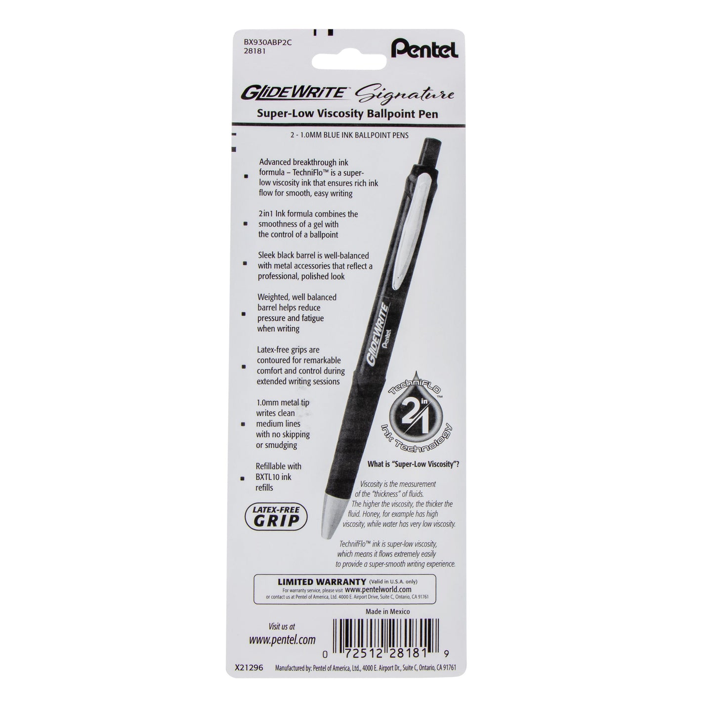 GlideWrite Signature Ballpoint Pen, (1.0mm) medium, black barrel, Blue Ink, 2-pk (BX930ABP2C)