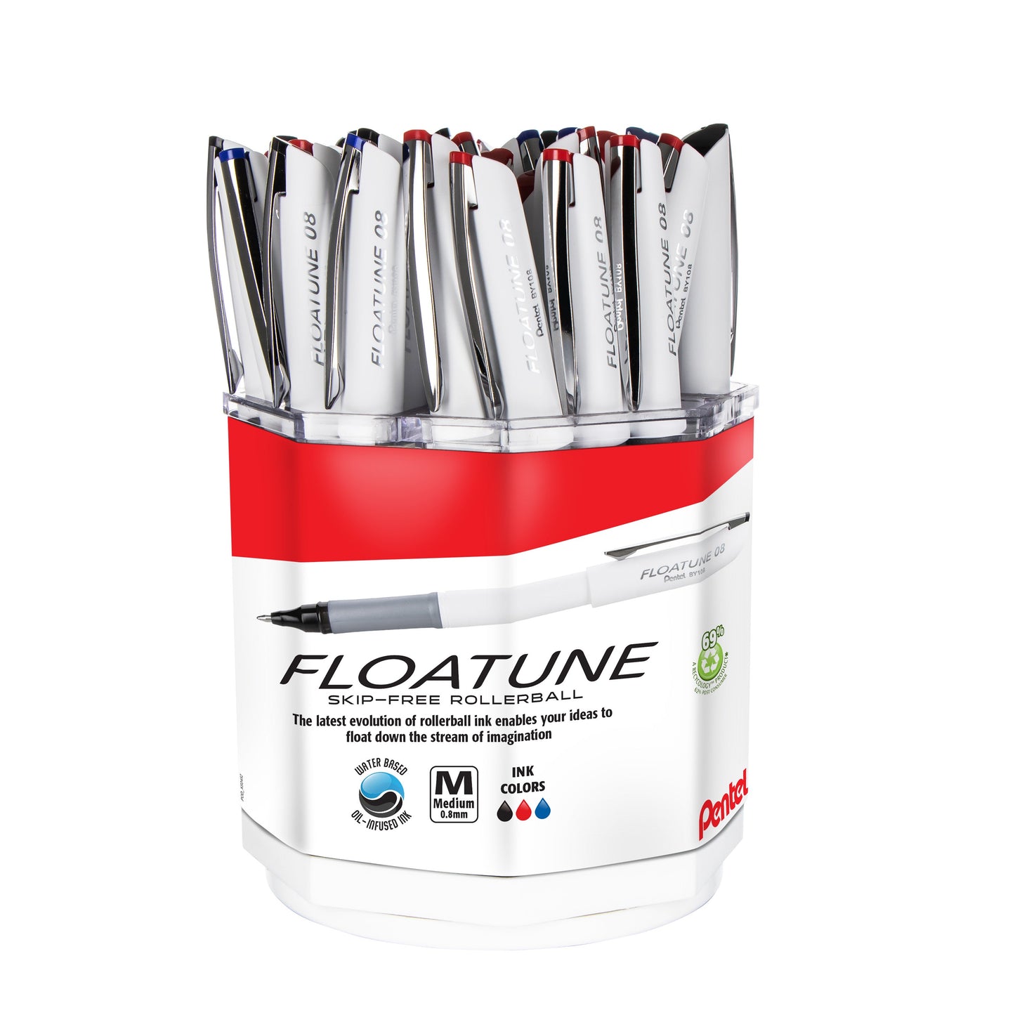 FLOATUNE Rollerball, 0.8mm Medium Line, Assorted Ink - 36 pcs Spinner Display (BY108-3)