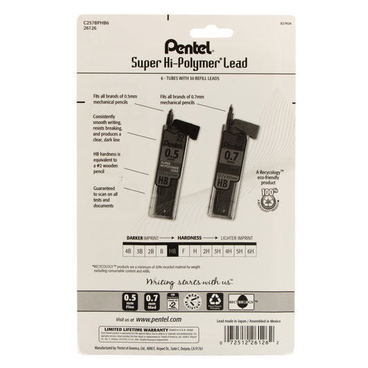 Super Hi-Polymer Lead Refill (0.5/0.7mm) Fine/Medium, HB, 30 pcs/Tube 6-Pk (C257BPHB6)