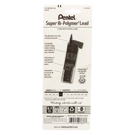 Super Hi-Polymer Lead Refill (0.7mm) Medium, HB, 30 pcs/Tube 3-Pk (C27BPHB3-K6)