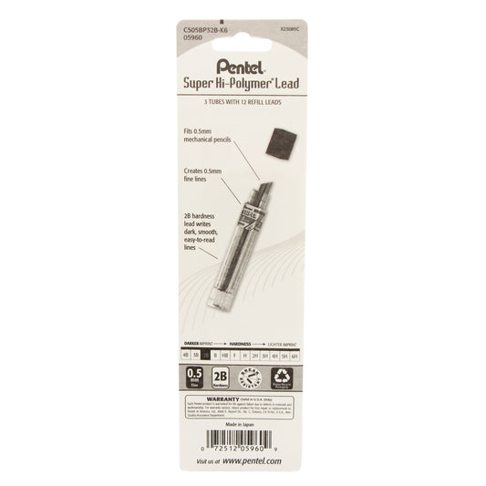 Super Hi-Polymer Lead Refill (0.5mm) Fine, 2B, 12 pcs/Tube 3-Pk (C505BP32B-K6)