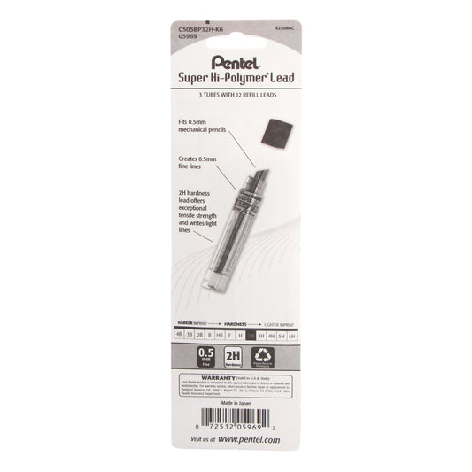 Super Hi-Polymer Lead Refill (0.5mm) Fine, 2H, 12 pcs/Tube 3-Pk (C505BP32H-K6)