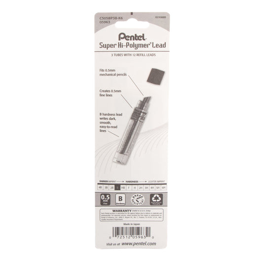 Super Hi-Polymer Lead Refill (0.5mm) Fine, B, 12 pcs/Tube 3-Pk (C505BP3B-K6)