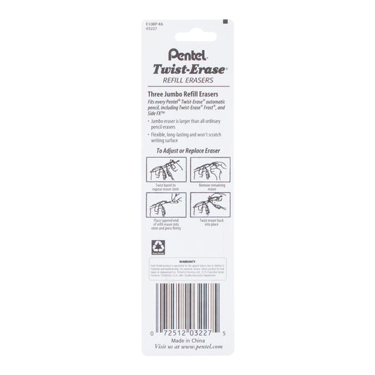 Refill Eraser For Pentel Twist-Erase Series Pencils 3 pcs/Box 1-Pk (E10BP-K6)