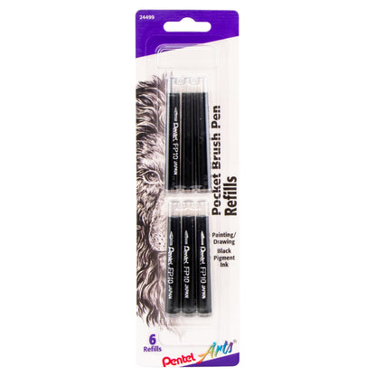 Pentel Arts Pocket Brush Refills, Black Ink 6-Pk (FP10BP6A)