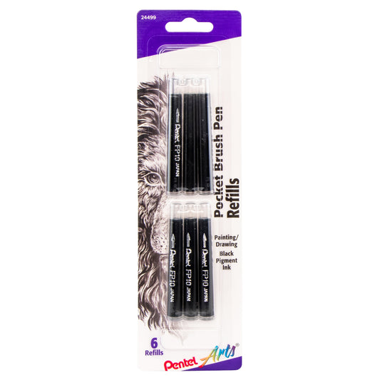 Pentel Arts Pocket Brush Refills, Black Ink 6-Pk (FP10BP6A)