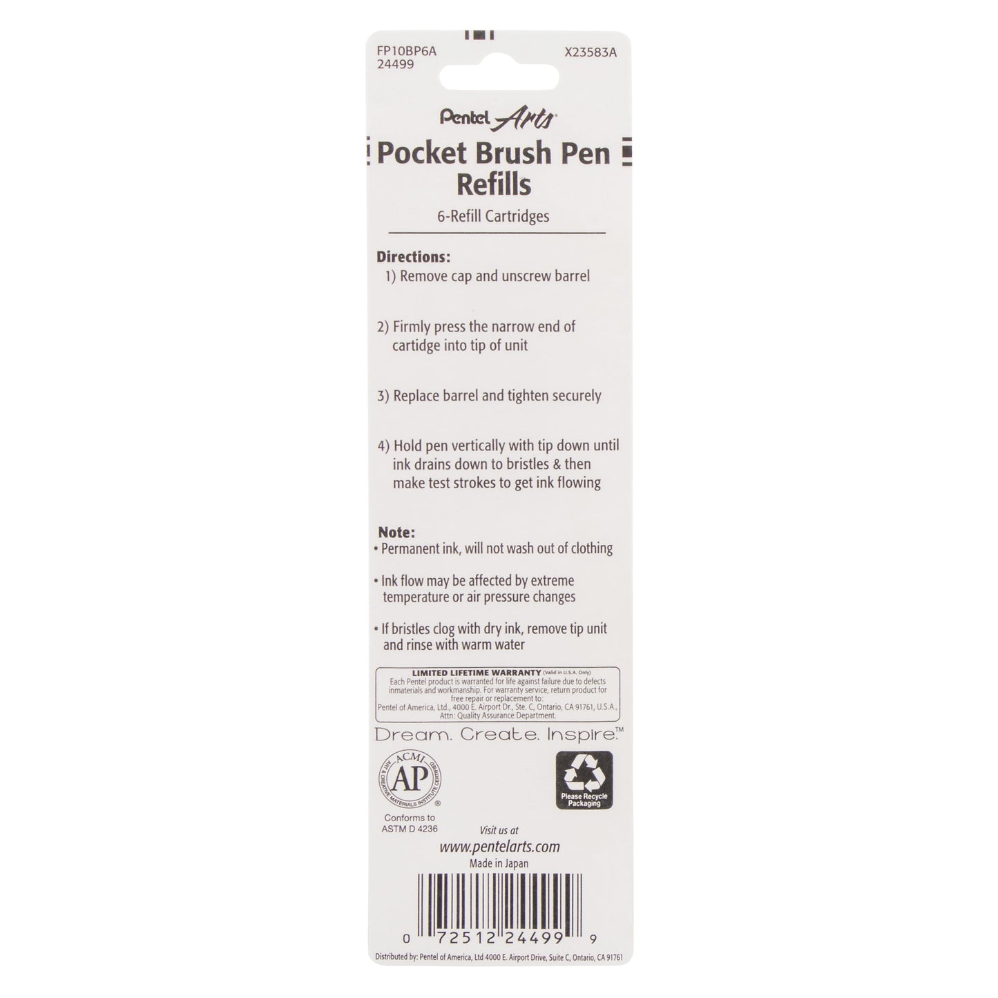 Pentel Arts Pocket Brush Refills, Black Ink 6-Pk (FP10BP6A)