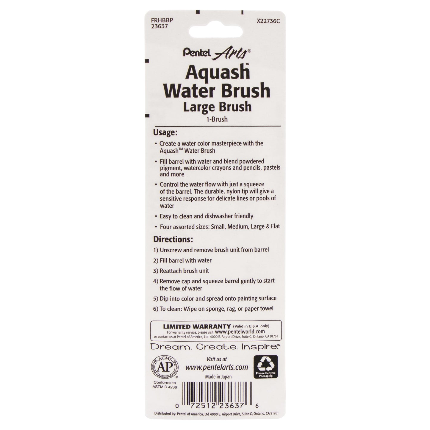 Pentel Arts Aquash Water Brush Fine Point Large 1-Pk (FRHBBP)