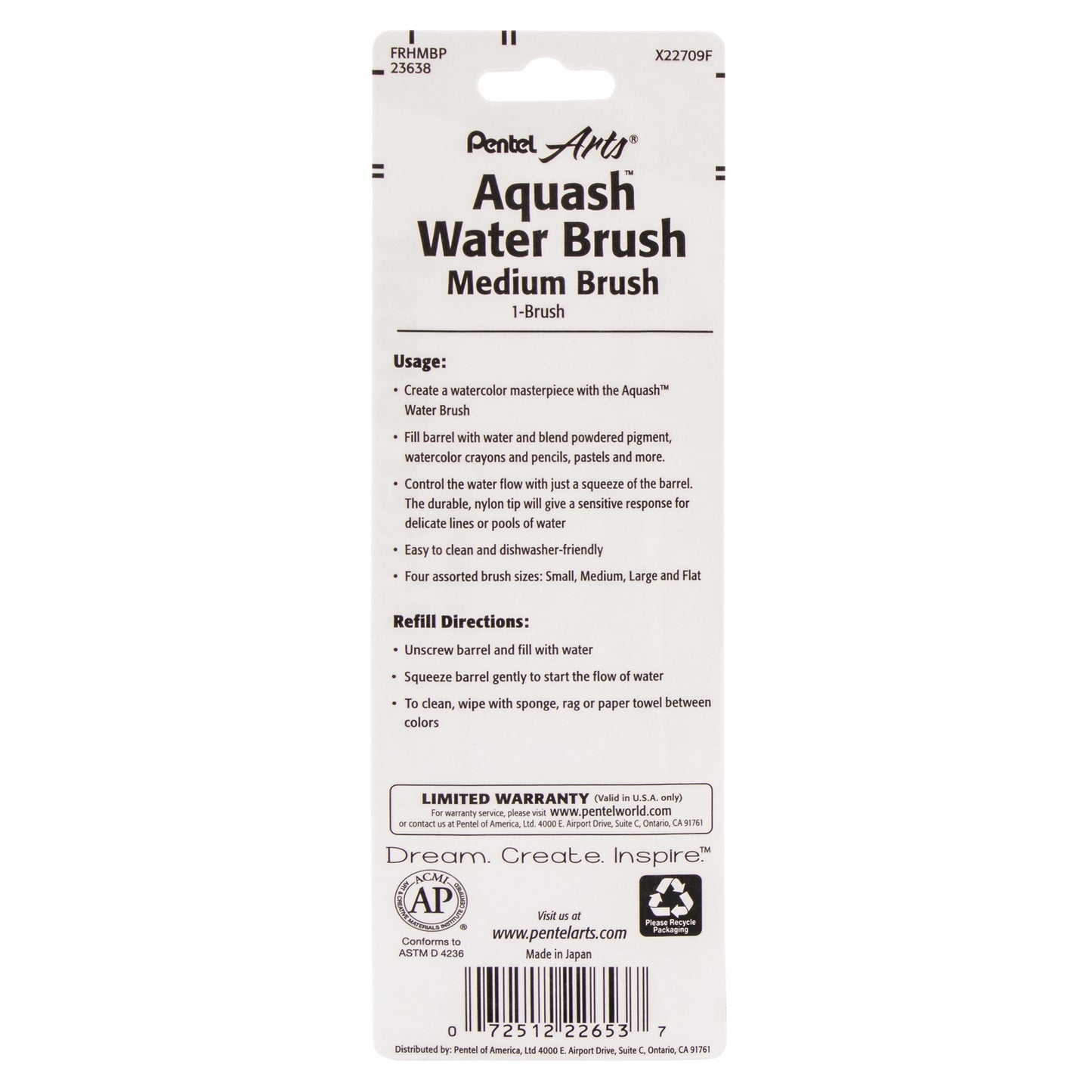 Pentel Arts Aquash Water Brush Fine Point Medium 1-Pk (FRHMBP)