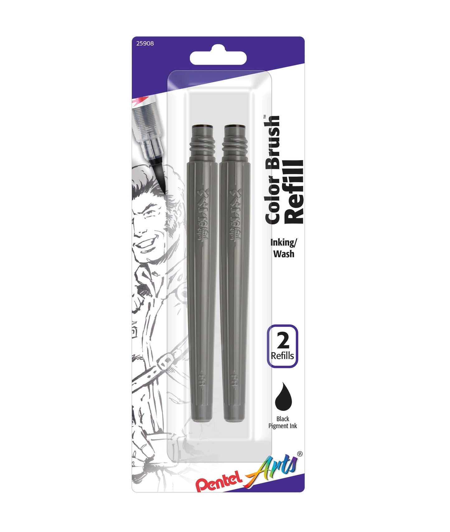 Pentel Arts Color Brush Pigment Refills, Black Ink, 2-Pk (FRPBP2A)
