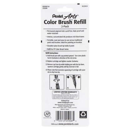 Pentel Arts Color Brush Pigment Refills, Black Ink, 2-Pk (FRPBP2A)