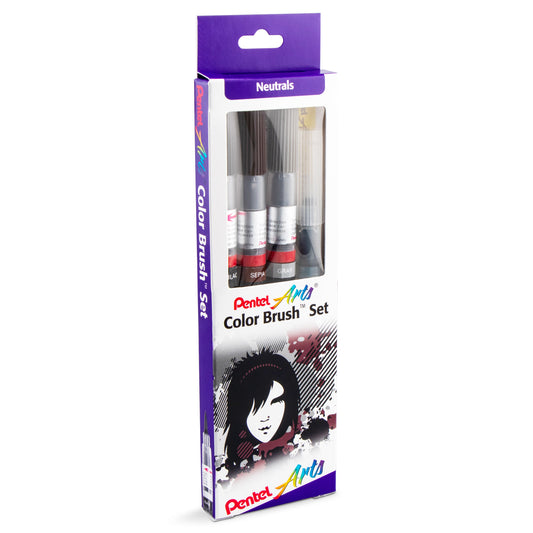 Pentel Arts Color Brush Set,  Black,Gray,Sepia, Aquash Water Brush Box Set (GFLFRHBP)