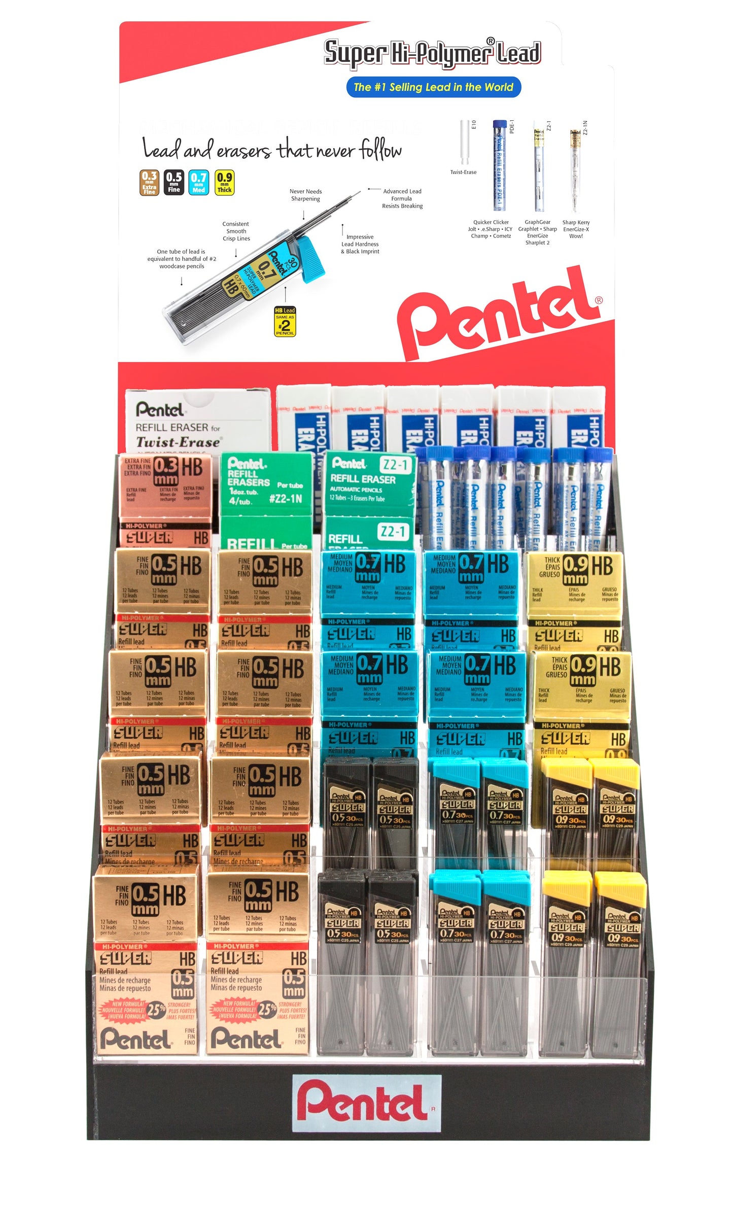 Super Hi-Polymer Lead Refill and Eraser Open Stock Display - 282 Pieces (HPE-23)