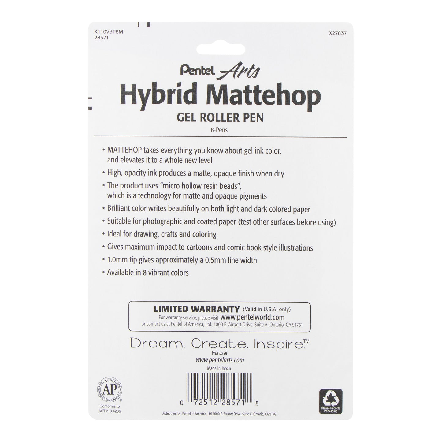 Hybrid MATTEHOP Gel Roller, 1.0mm, Matte A/B/C/D/F/G/P/V Ink, 8-PK (K110VBP8M)