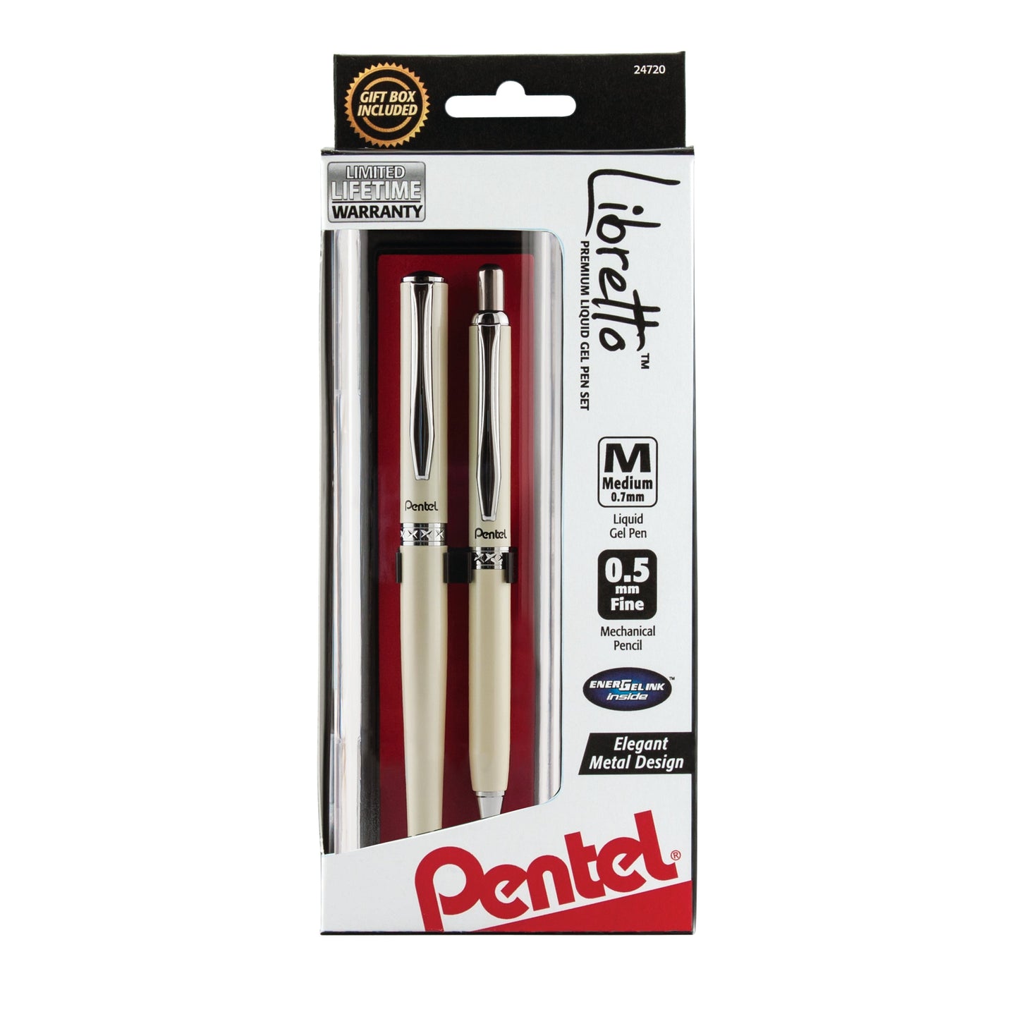 Libretto (0.7mm) EnerGel Pen, and (0.5mm)  Pencil Set, w/ Gift Box, Cream Barrels, Black Ink (K6A8BPWA)