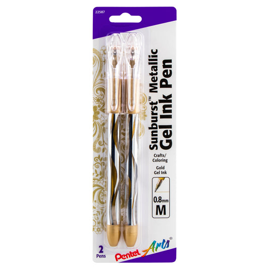 Pentel Arts Sunburst Metallic Gel Pen, Medium Line, Permanent, Gold Ink 2-Pk (K908BP2X)
