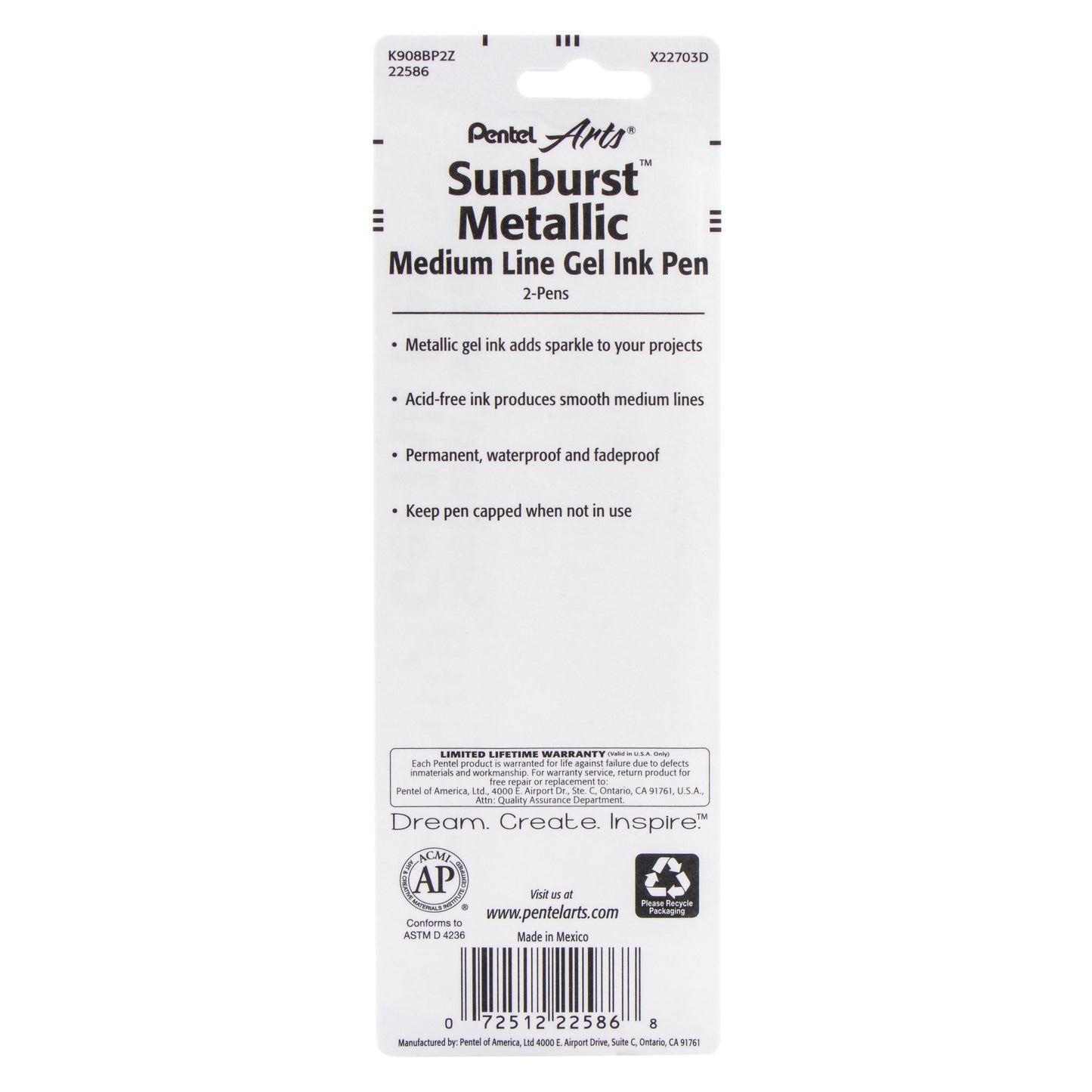 Pentel Arts Sunburst Metallic Gel Pen, Medium Line, Permanent, Silver Ink 2-Pk (K908BP2Z)