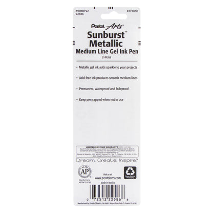 Pentel Arts Sunburst Metallic Gel Pen, Medium Line, Permanent, Silver Ink 2-Pk (K908BP2Z)