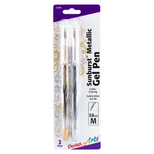 Pentel Arts Sunburst Metallic Gel Pen, Medium Line, Permanent, Gold & Silver Ink 2-Pk (K908BPXZ)