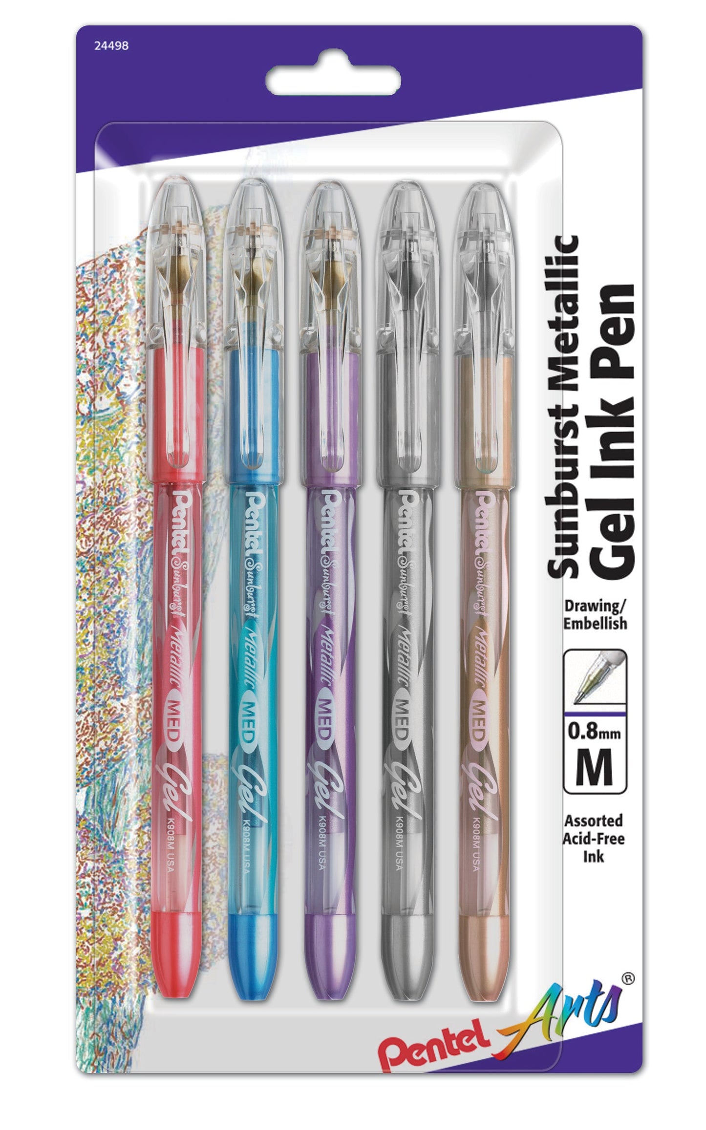 Pentel Arts Sunburst Metallic Gel Pen, Medium Line, Permanent, Assorted Ink (MB/MC/MV/MX/MZ) 5-Pk (K908MBP5)