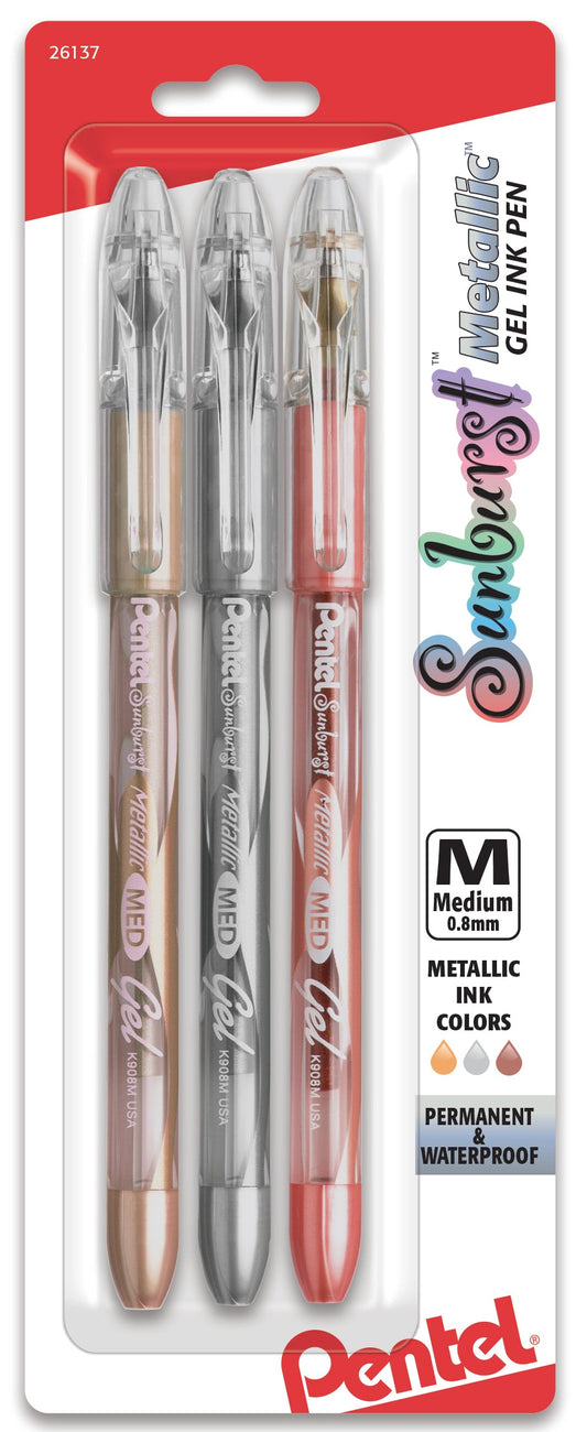 Sunburst Metallic Gel Pen, Medium Line, Permanent, Gold, Silver, Bronze Ink 3-Pk, Red Card (K908MRBP3M)