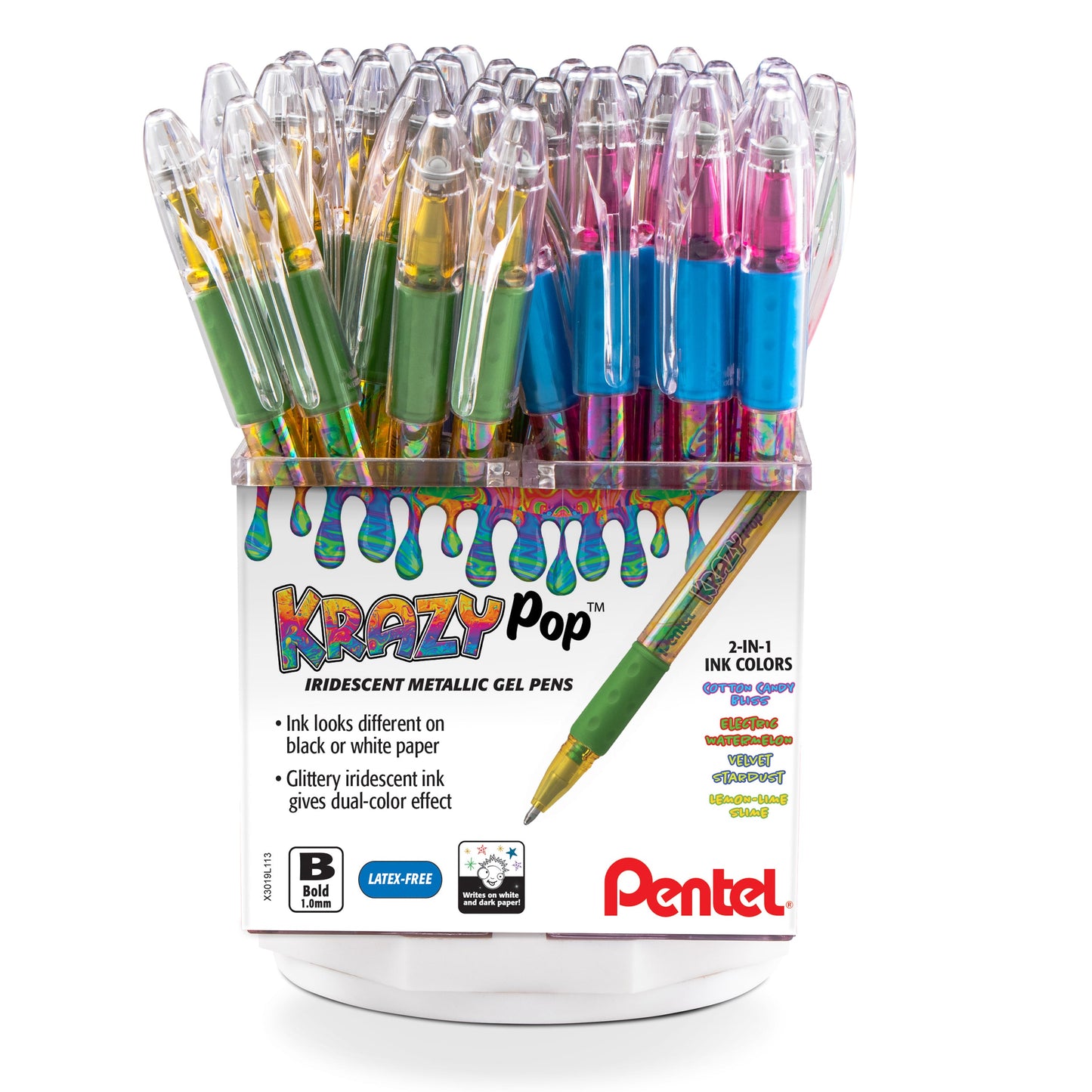 Krazy Pop Iridescent Gel Pen, (1.0mm) Bold line, Assorted Ink, Spinner Display - 48 Pieces (K91-4)